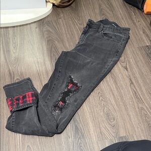 Judy Blue Black Distressed Jeans with Red Plaid Accents